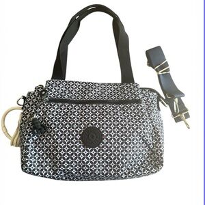 Kipling Black Multi Geo Print Shoulder or Crossbody Nylon Bag with Monkey Charm